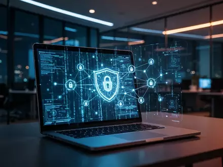 Ein beleuchteter Laptop in einem modernen Büro, der abstrakten digitalen Code anzeigt, symbolisch für Cybersicherheit. - Foto: über boerse-global.de
