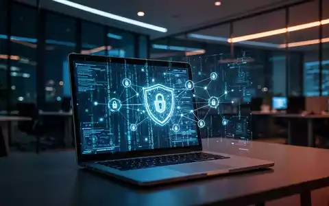 Ein beleuchteter Laptop in einem modernen Büro, der abstrakten digitalen Code anzeigt, symbolisch für Cybersicherheit. - Foto: über boerse-global.de
