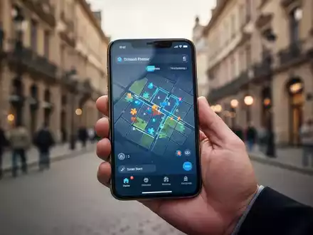 Smartphone mit einer digitalen RĂ€tsel-App vor einer unscharfen Stadtkulisse als Symbol fĂŒr spielerische Wissensvermittlung. - Foto: ĂŒber boerse-global.de