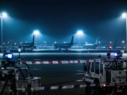Nächtliches Rollfeld eines Flughafens mit Sicherheitsbeleuchtung und Frachtflugzeugen im Hintergrund. - Foto: über boerse-global.de
