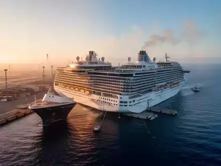 Ein großes Kreuzfahrtschiff im Hafen, das bei Sonnenuntergang Abgase ausstößt. - Foto: über boerse-global.de