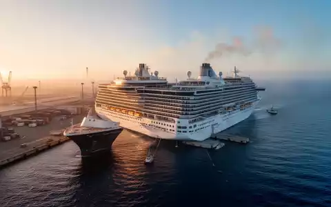 Ein großes Kreuzfahrtschiff im Hafen, das bei Sonnenuntergang Abgase ausstößt. - Foto: über boerse-global.de