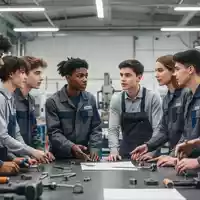 Junge Auszubildende im Gespräch an einem Werkbank-Tisch in einer modernen Werkstatt. - Foto: über boerse-global.de