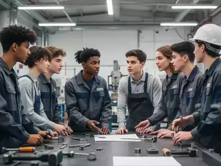 Junge Auszubildende im Gespräch an einem Werkbank-Tisch in einer modernen Werkstatt. - Foto: über boerse-global.de