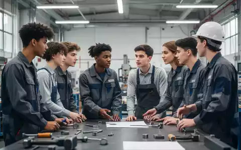 Junge Auszubildende im Gespräch an einem Werkbank-Tisch in einer modernen Werkstatt. - Foto: über boerse-global.de