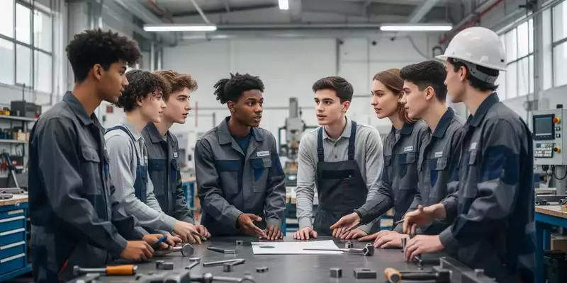 Junge Auszubildende im Gespräch an einem Werkbank-Tisch in einer modernen Werkstatt. - Foto: über boerse-global.de