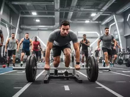 Athleten bei einem Hyrox-Wettbewerb, die während eines intensiven Fitness-Parcours einen Schlitten auf einer Laufbahn schieben. - Foto: über boerse-global.de