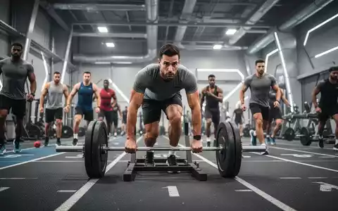 Athleten bei einem Hyrox-Wettbewerb, die während eines intensiven Fitness-Parcours einen Schlitten auf einer Laufbahn schieben. - Foto: über boerse-global.de
