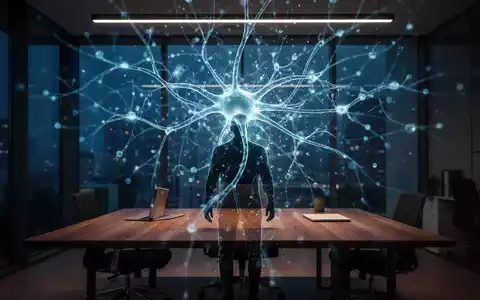Abstrakte Darstellung eines neuronalen Netzwerks, das über einem Schreibtisch schwebt und die Verbindung von Mensch und KI symbolisiert. - Foto: über boerse-global.de