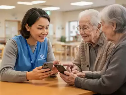 Ein ehrenamtlicher Mentor erklärt einer älteren Person die Funktionen eines Smartphones in einem Gemeindezentrum. - Foto: über boerse-global.de