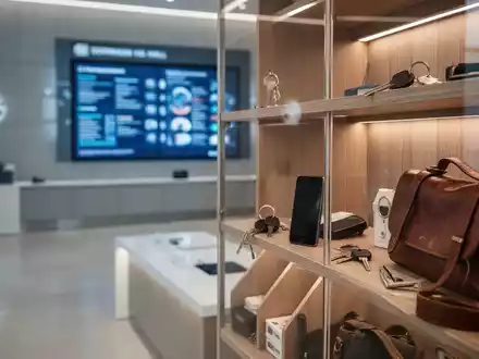 Ein minimalistisches Regal mit verlorenen Alltagsgegenständen wie Schlüsseln und einem Smartphone vor einem digitalen Büro. - Foto: über boerse-global.de