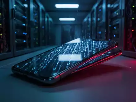 Ein glühendes Smartphone in einem dunklen Serverraum mit binären Codes als Symbol für die LightSpy-Spionagebedrohung. - Foto: über boerse-global.de