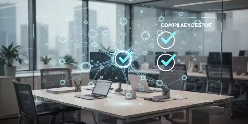 Ein moderner Büroarbeitsplatz mit digitalen Netzwerkgrafiken und Compliance-Symbolen zur Veranschaulichung von KI-Strategien. - Foto: über boerse-global.de