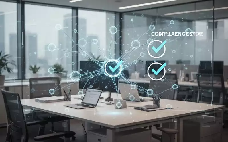 Ein moderner Büroarbeitsplatz mit digitalen Netzwerkgrafiken und Compliance-Symbolen zur Veranschaulichung von KI-Strategien. - Foto: über boerse-global.de