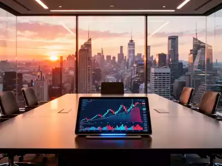 Moderner Konferenzraum mit Blick auf ein Finanzviertel, symbolisch fĂŒr Unternehmenswachstum und Marktanalysen. - Foto: ĂŒber boerse-global.de