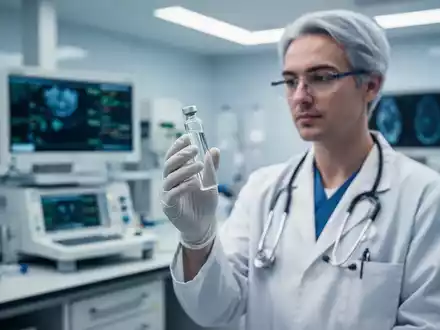 Medizinische Fachkraft in einem modernen Labor mit einer medizinischen Ampulle vor unscharfen Klinikgeräten. - Foto: über boerse-global.de