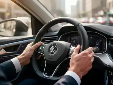 Nahaufnahme von Händen am Lenkrad eines Autos in einer städtischen Umgebung, die Sicherheit und Verantwortung im Straßenverkehr symbolisiert. - Foto: über boerse-global.de