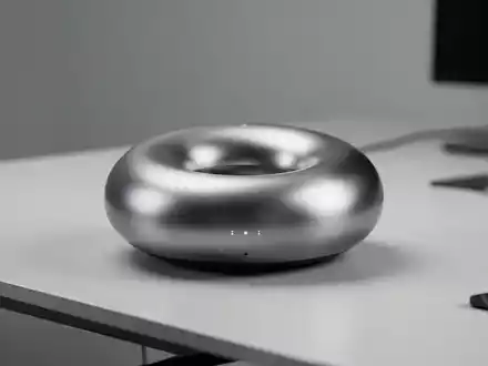Schlanker, donutförmiger Metall-Smart-Lautsprecher auf modernem Schreibtisch, repräsentiert OpenAIs neues Hardware-Projekt. - Foto: über boerse-global.de