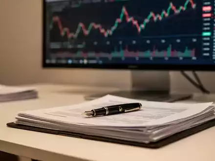 Ein moderner Schreibtisch mit Finanzdokumenten und einem unscharfen Börsenchart auf einem Monitor im Hintergrund. - Foto: über boerse-global.de
