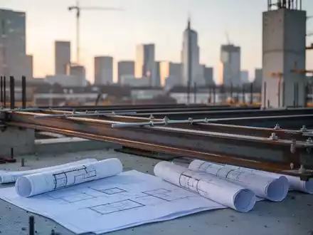 Moderne Baustelle mit Stahlträgern und Bauplänen vor einer verschwommenen deutschen Skyline bei Sonnenaufgang. - Foto: über boerse-global.de