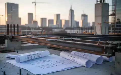 Moderne Baustelle mit Stahlträgern und Bauplänen vor einer verschwommenen deutschen Skyline bei Sonnenaufgang. - Foto: über boerse-global.de