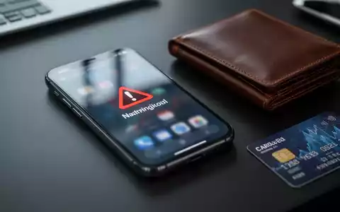 Ein Smartphone mit einer Warnmeldung auf dem Display liegt neben einer Geldbörse und einer Bankkarte auf einem Schreibtisch. - Foto: über boerse-global.de