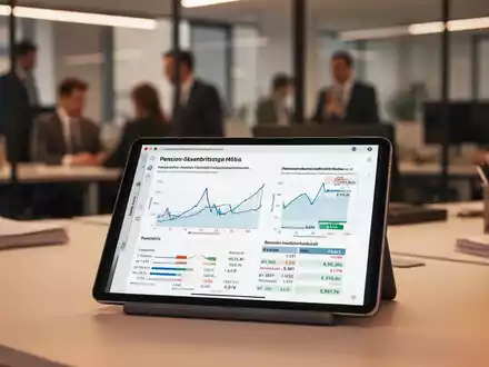 Ein Tablet zeigt Finanzdiagramme und Berechnungen zur Rentenversicherung in einem professionellen Büroumfeld. - Foto: über boerse-global.de