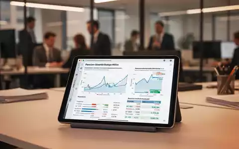 Ein Tablet zeigt Finanzdiagramme und Berechnungen zur Rentenversicherung in einem professionellen Büroumfeld. - Foto: über boerse-global.de