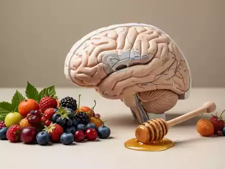 Ein anatomisches Gehirnmodell neben frischen Waldfrüchten und Honig als Symbol für die evolutionäre Bedeutung von Glukose. - Foto: über boerse-global.de