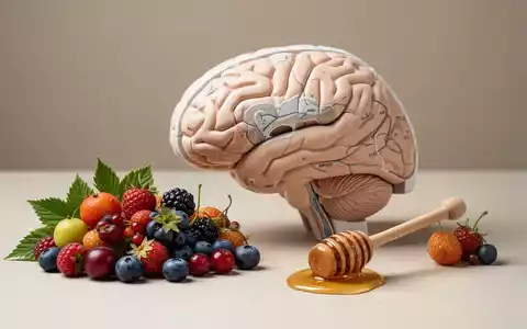 Ein anatomisches Gehirnmodell neben frischen Waldfrüchten und Honig als Symbol für die evolutionäre Bedeutung von Glukose. - Foto: über boerse-global.de