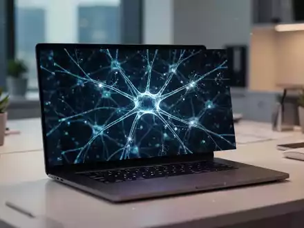 Laptop mit abstraktem neuronalem Netzwerk-Design in einer modernen, professionell ausgeleuchteten Büroumgebung. - Foto: über boerse-global.de