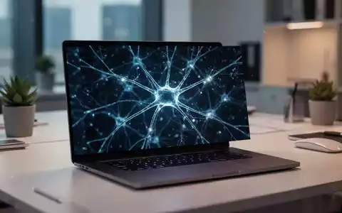 Laptop mit abstraktem neuronalem Netzwerk-Design in einer modernen, professionell ausgeleuchteten Büroumgebung. - Foto: über boerse-global.de