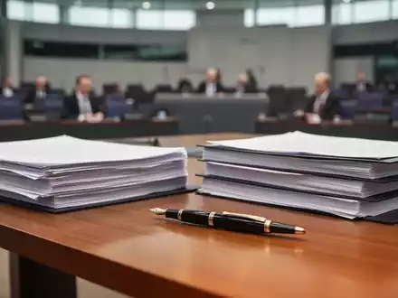 Stapel von Gesetzestexten auf einem Konferenztisch vor dem Hintergrund eines modernen Parlamentssaals. - Foto: über boerse-global.de