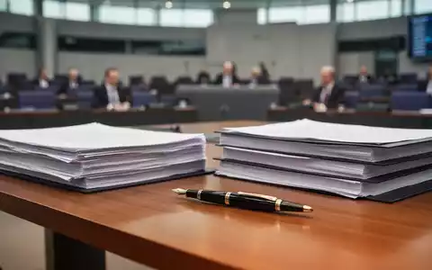 Stapel von Gesetzestexten auf einem Konferenztisch vor dem Hintergrund eines modernen Parlamentssaals. - Foto: über boerse-global.de