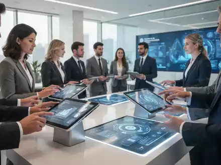 Menschen nutzen moderne digitale Schnittstellen in einem hellen, professionellen Verwaltungsgebäude. - Foto: über boerse-global.de