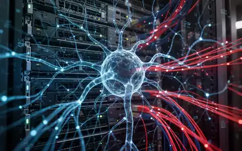 Abstrakte Darstellung von KI-Infrastruktur mit digitalen Netzwerken und leuchtenden Glasfaserkabeln in einem Rechenzentrum. - Foto: über boerse-global.de