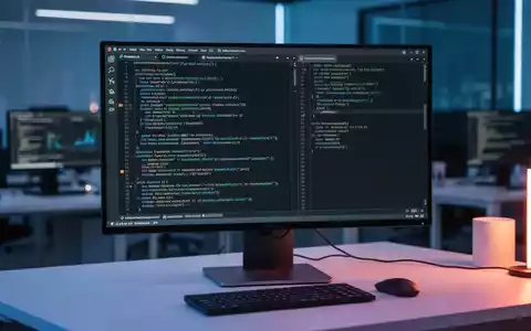 Ein moderner Arbeitsplatz mit Programmcode auf einem Bildschirm, der Datensicherheit und Softwareentwicklung symbolisiert. - Foto: über boerse-global.de