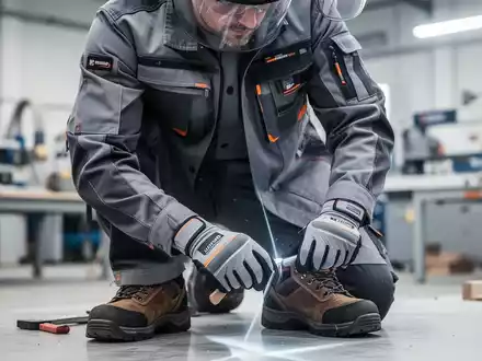 Handwerker in moderner, zertifizierter Schutzkleidung bei der Arbeit in einer professionellen Werkstattumgebung. - Foto: über boerse-global.de