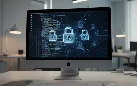 Ein moderner Computerbildschirm mit digitalen Sicherheitssymbolen in einer minimalistischen Büroumgebung. - Foto: über boerse-global.de