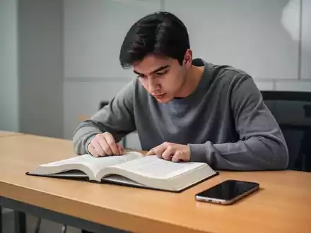 Ein Schüler sitzt konzentriert an einem Schreibtisch mit einem aufgeschlagenen Lehrbuch und einem Smartphone daneben. - Foto: über boerse-global.de
