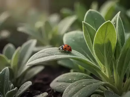 Ein Marienkäfer auf einem grünen Blatt als Symbol für biologische Schädlingsbekämpfung im minimalistischen Garten. - Foto: über boerse-global.de