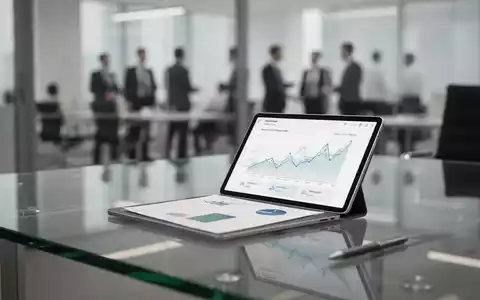 Modernes Büro mit einem digitalen Tablet, das Gehaltsstatistiken anzeigt, vor einem unscharfen Geschäftshintergrund. - Foto: über boerse-global.de