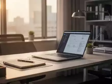 Ein aufgeräumter, moderner Arbeitsplatz mit Laptop in einem hellen, ruhigen Büro, der eine Atmosphäre von Fokus und Balance vermittelt. - Foto: über boerse-global.de