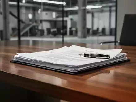 Ein moderner Schreibtisch mit juristischen Unterlagen und einem Füllfederhalter vor einem verschwommenen Büro-Hintergrund. - Foto: über boerse-global.de