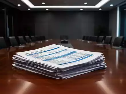 Ein Stapel komplexer Finanzberichte auf einem Schreibtisch in einem modernen Büro vor einem unscharfen Konferenzraum. - Foto: über boerse-global.de