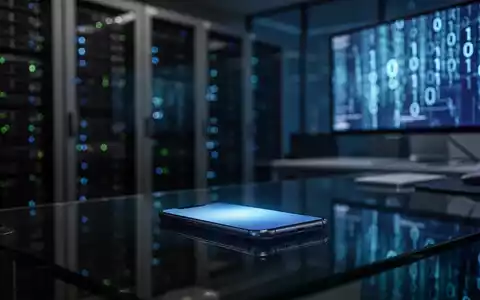Ein Smartphone auf einem dunklen Schreibtisch vor verschwommenen Servern, das die Bedrohung durch Cyberangriffe symbolisiert. - Foto: über boerse-global.de