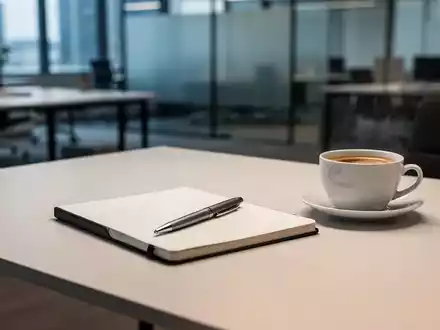 Minimalistischer, aufgeräumter Schreibtisch mit Notizbuch und Stift in einer hellen, professionellen Büroumgebung. - Foto: über boerse-global.de