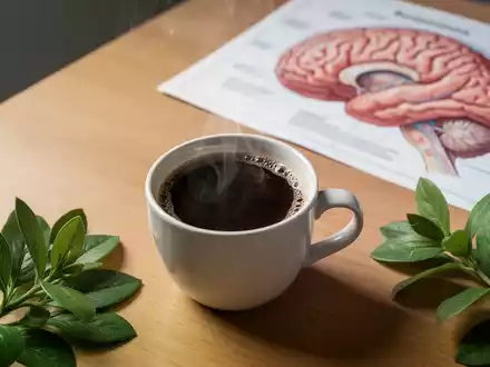 Eine Tasse Kaffee neben grĂŒnen PflanzenblĂ€ttern vor einer medizinischen Darstellung des menschlichen Gehirns. - Foto: ĂŒber boerse-global.de
