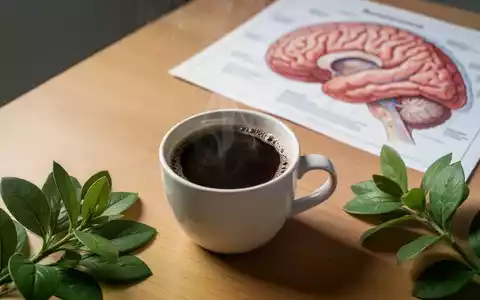 Eine Tasse Kaffee neben grünen Pflanzenblättern vor einer medizinischen Darstellung des menschlichen Gehirns. - Foto: über boerse-global.de
