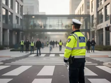 Ein Zebrastreifen vor einer Schule mit einem Verkehrshelfer in Warnkleidung bei hellem Tageslicht. - Foto: über boerse-global.de